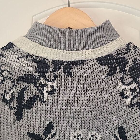 Diane VonFurstenberg Sweater Ski Double Mock Neck Knit Floral Gray Black Sz. S/M - Picture 2 of 10